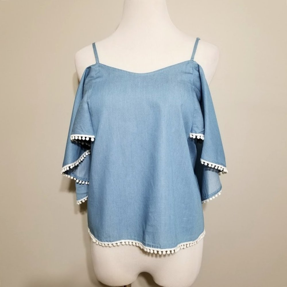 NWT Sugarlips Blue Tencel Pom Pom Cold Shoulder Ruffle Cami Blouse S Womens Top